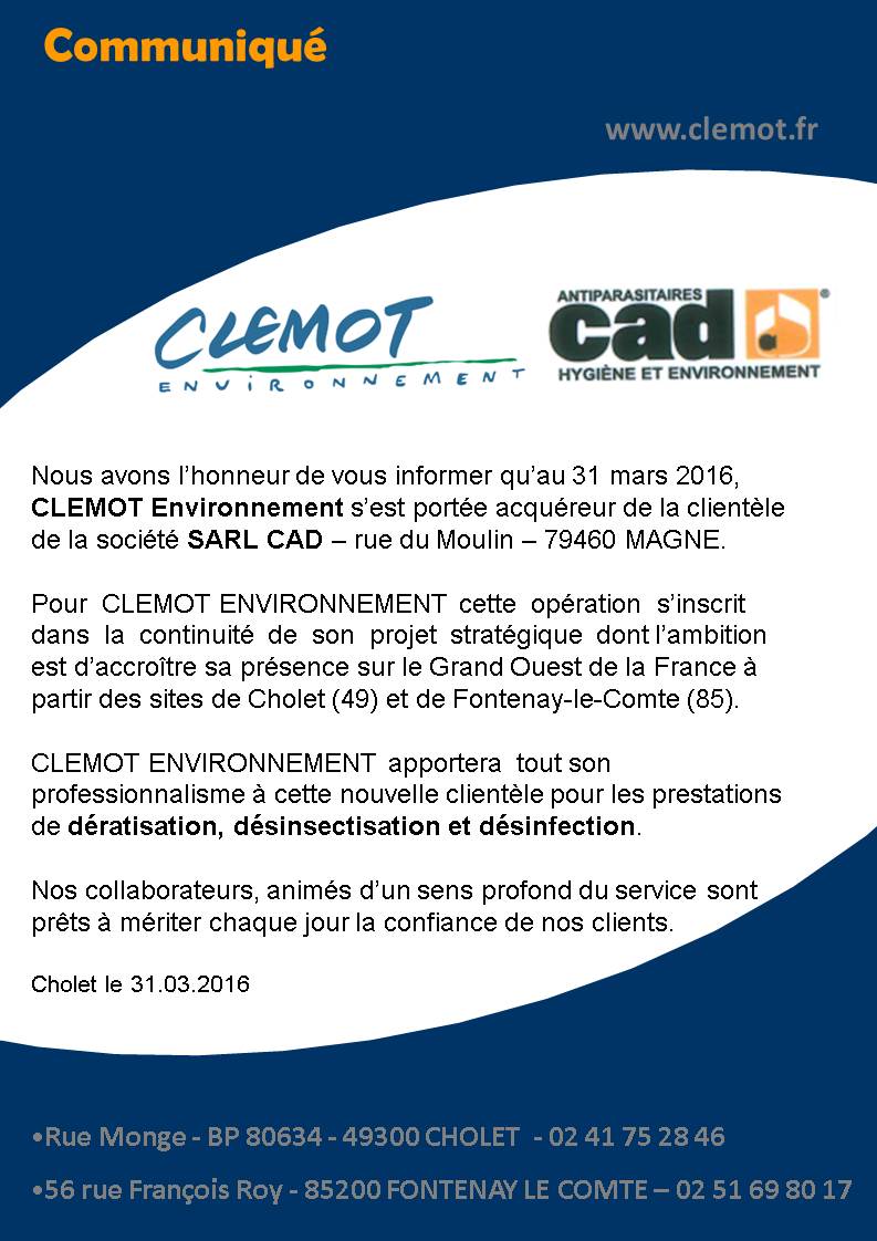 Les Echos de Clemot Envt n°18 Communiqué acquisition CAD  31-03-2016